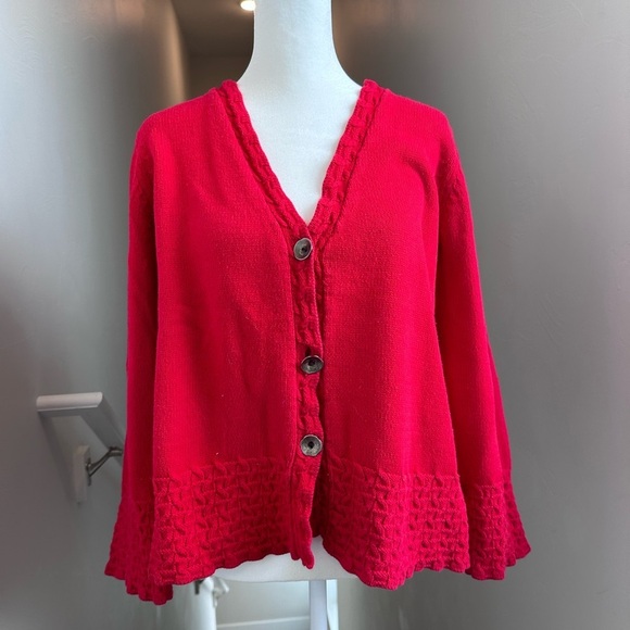 Coldwater Creek Women’s Red V-Neck Button Cardigan Lace Trim Size Medium - Picture 1 of 7